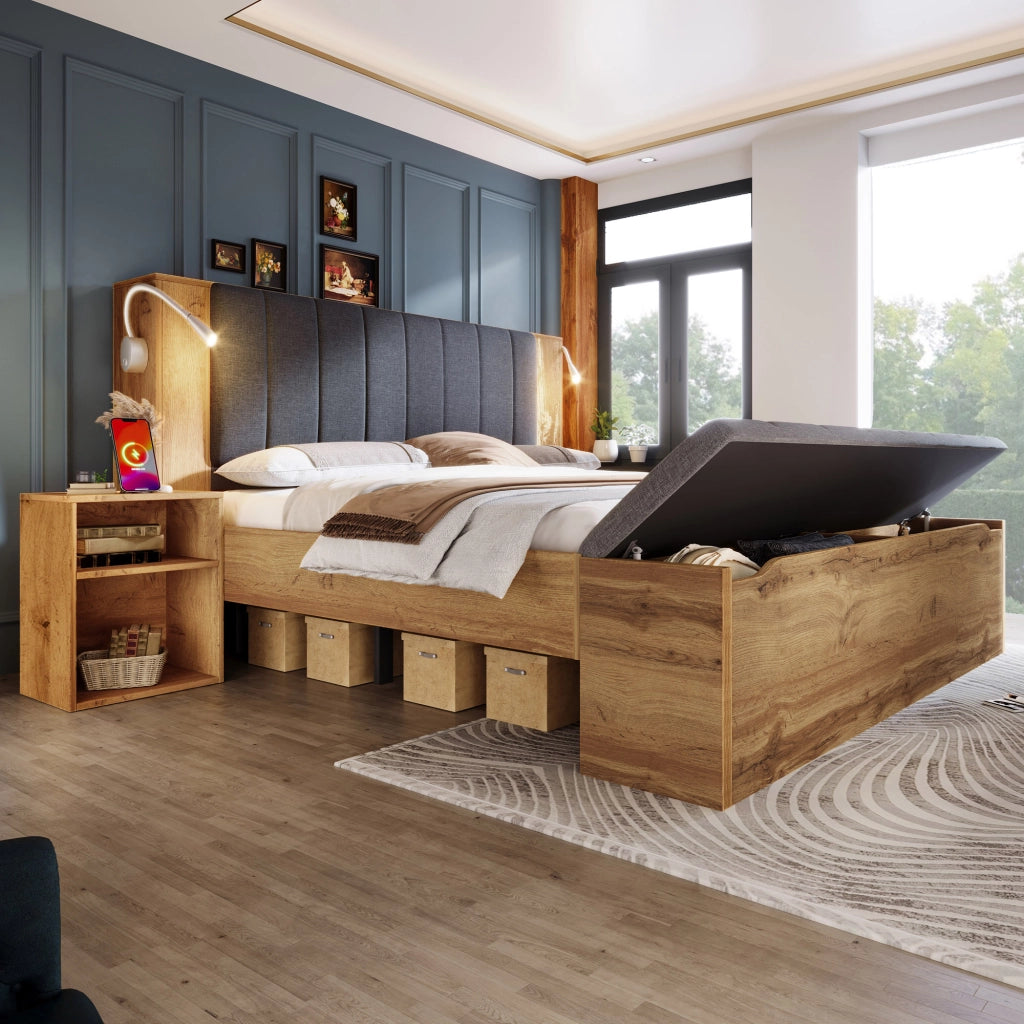 OKWISH Letto Contenitore 160×200 cm, Letto Matrimoniale con Lampade da Lettura, USB, 2 Comodini e Panca Contenitore, senza Materasso