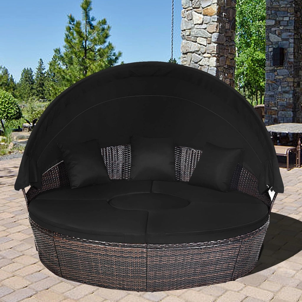 Letto Isola da Giardino, Divano Prendisole con Tettuccio Retrattile, con Sedili Cuscini Impermeabili Sfoderabili, Tavolino Regolabile in Altezza (Nero)