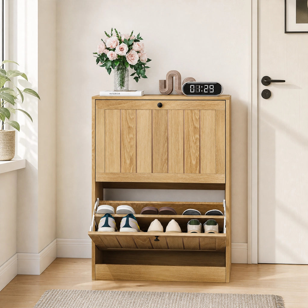 Scarpiera a ribalta 60 cm colore rovere, mobile portascarpe freestanding con 2 scomparti, stile moderno