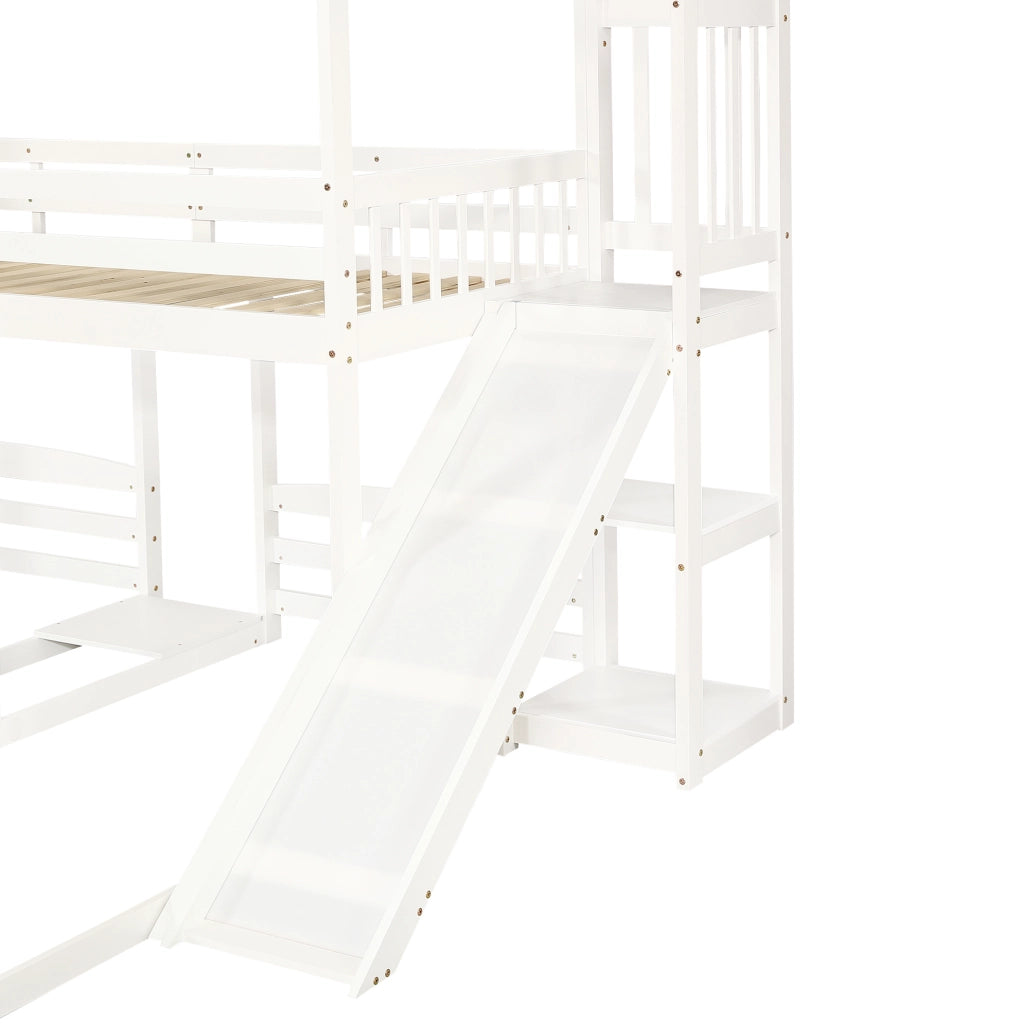 Letto a castello 90x200 cm con scivolo; tetto e 3 posti letto in legno e MDF bianco