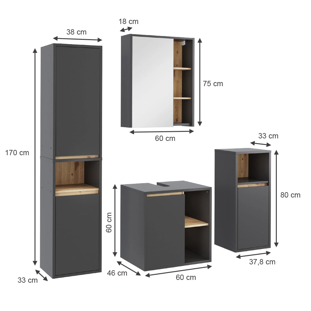 Vicco Set di mobili da bagno Grigio/Artisan 4 parti