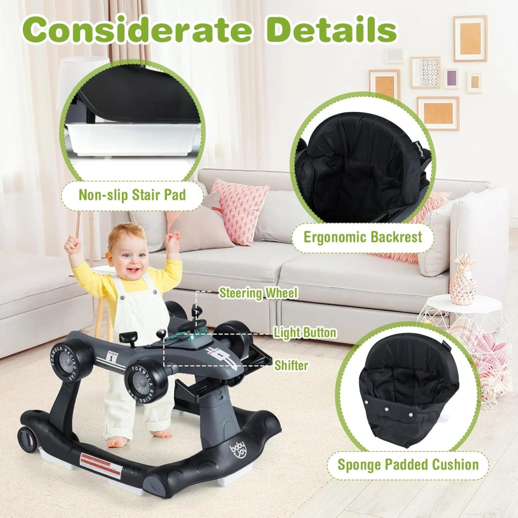 Girello per Bambini 6-18 Mesi, Baby Walker 4 in 1 con Musica e Luci, Primi Passi Piegevole e Portatile, Altezza e Velocità Regolabili, Carrello da Spinta, Forma di Macchinina (Grigio)
