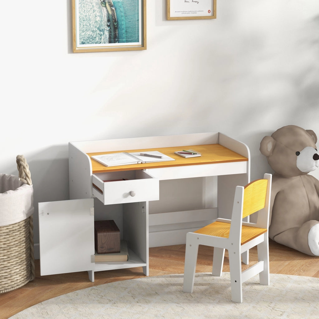 Scrivania Bambini con Sedia e Cassetto ¨C zephmum ¨C Bianco e Naturale 90x50x75 cm