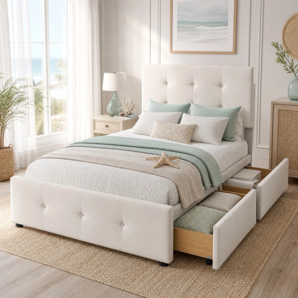 Letto imbottito 90x200 cm con rete a doghe e cassetto contenitore; velluto beige