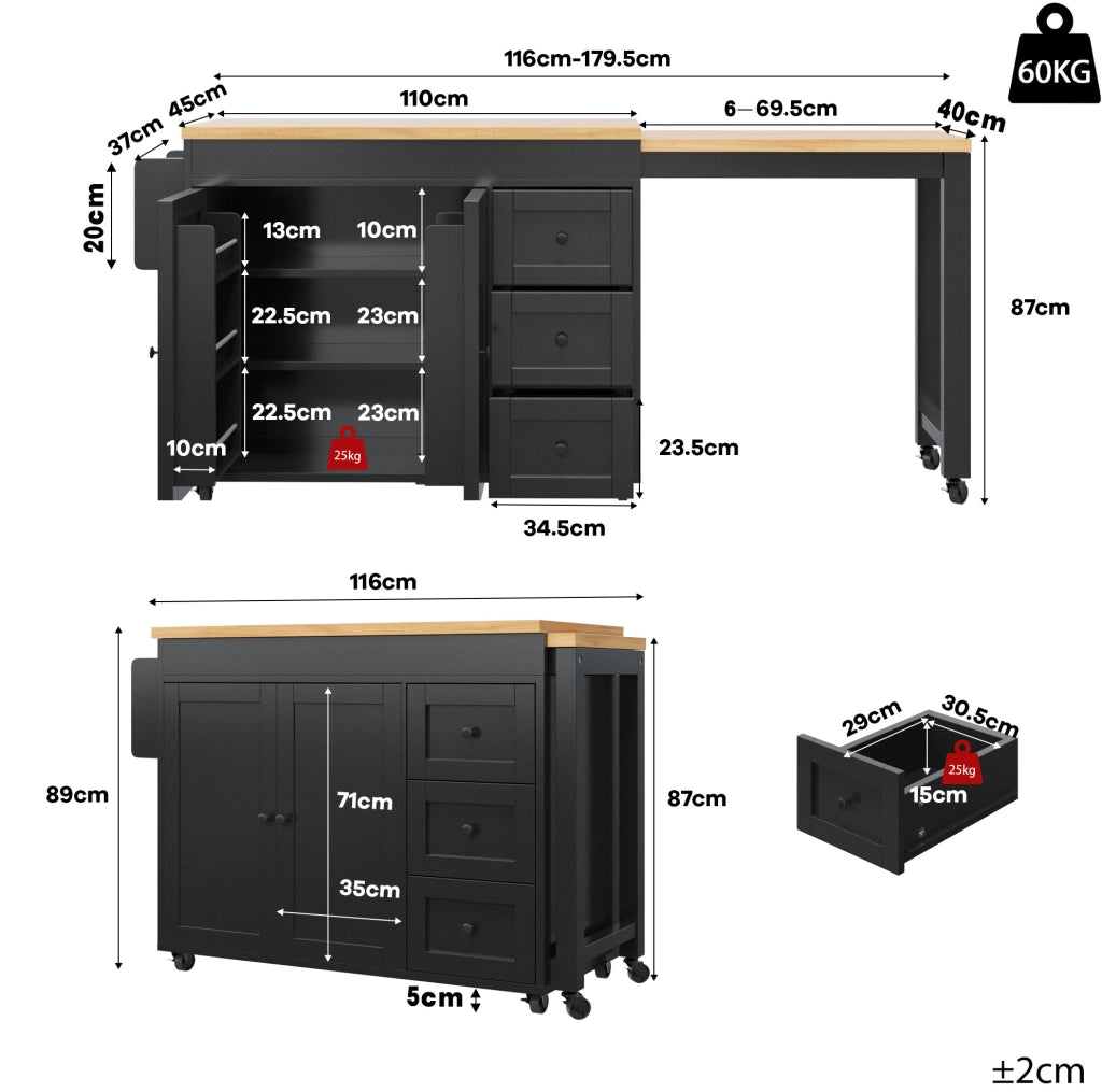 Isola cucina estensibile 116-179,5 x 45 x 89 cm MDF nero, mobile