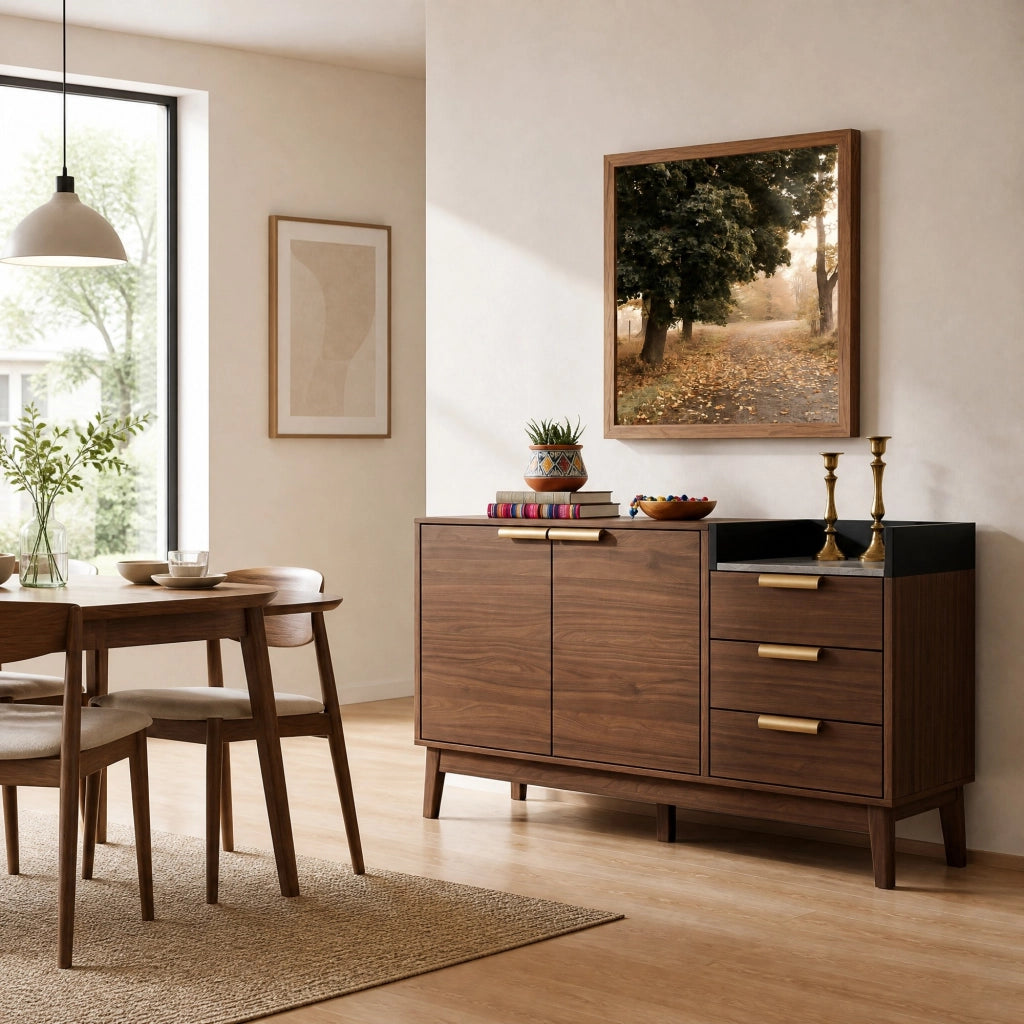 Credenza soggiorno effetto rovere con piano effetto marmo, 3 cassetti, vano con doppia anta e ripiani regolabili, H77/L120/P40 cm