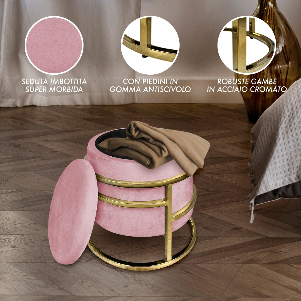 Pouf Contenitore Poggiapiedi Velluto Con Struttura Circolare Cromata Oro Elegante Imbottito Sgabello Per Toeletta Mobile Trucco Ottomano Ingresso Camera Da Letto Rotondo - Rosa