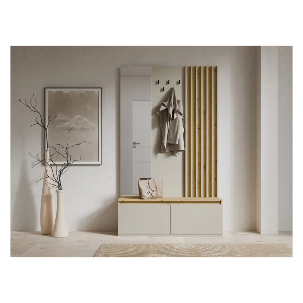 Set mobile da ingresso Mone con appendiabiti, specchio e cassettiera - Rovere chiaro e beige cachemire