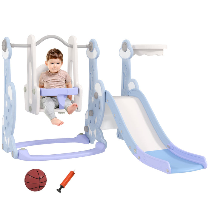 Scivolo per Bambini 4 in 1 con Altalena Canestro Arrampicata 147,5x160x107 cm Azzurro Chiaro