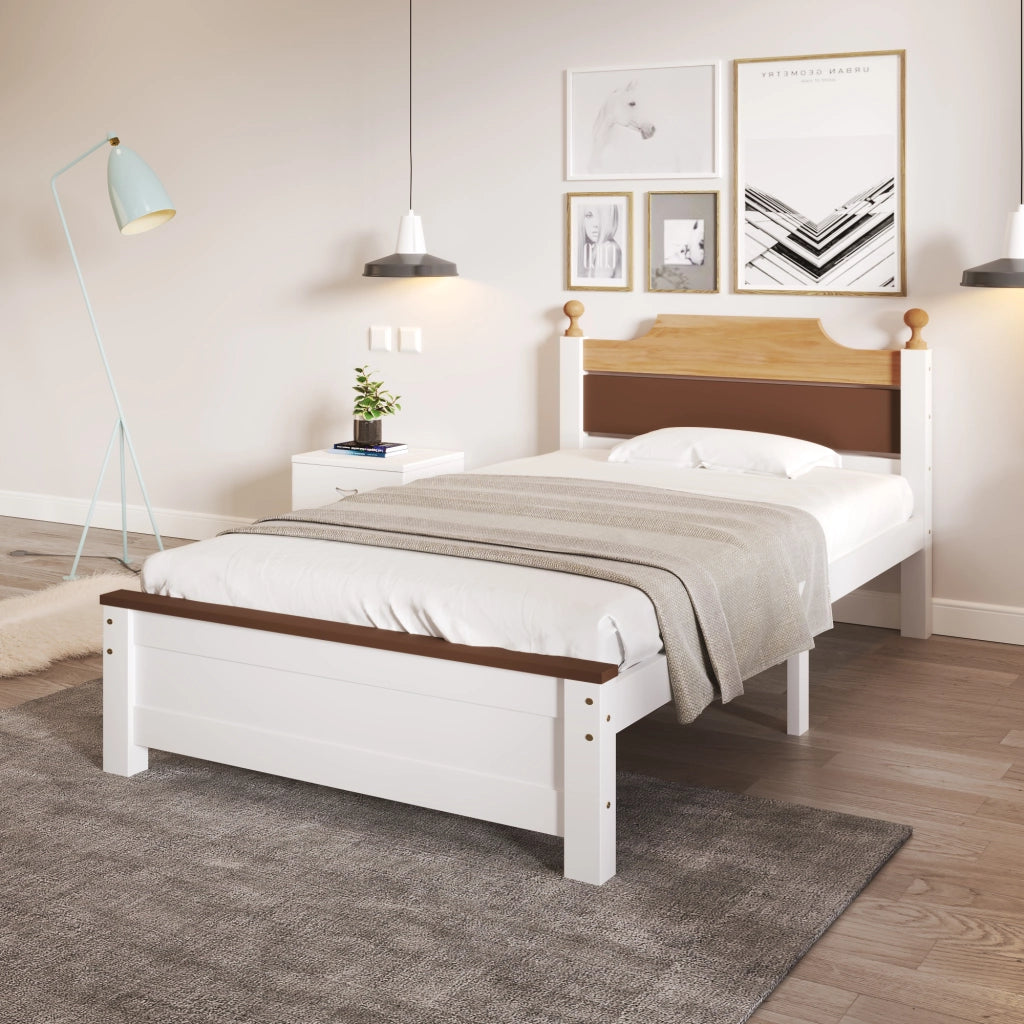 OKWISH Letto Singolo 90×200 cm, con 15 Doghe, Piede Centrale e Testiera a Contrasto, senza Materasso, in Legno Massello e MDF, Bianco