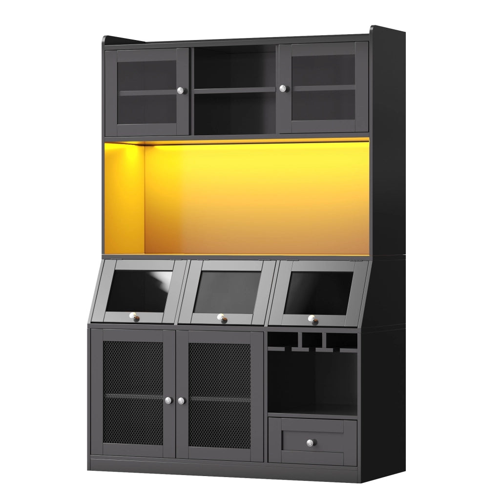 Mobile da cucina multifunzionale 120x40x181,7 cm con LED, USB e ripiani regolabili, nero