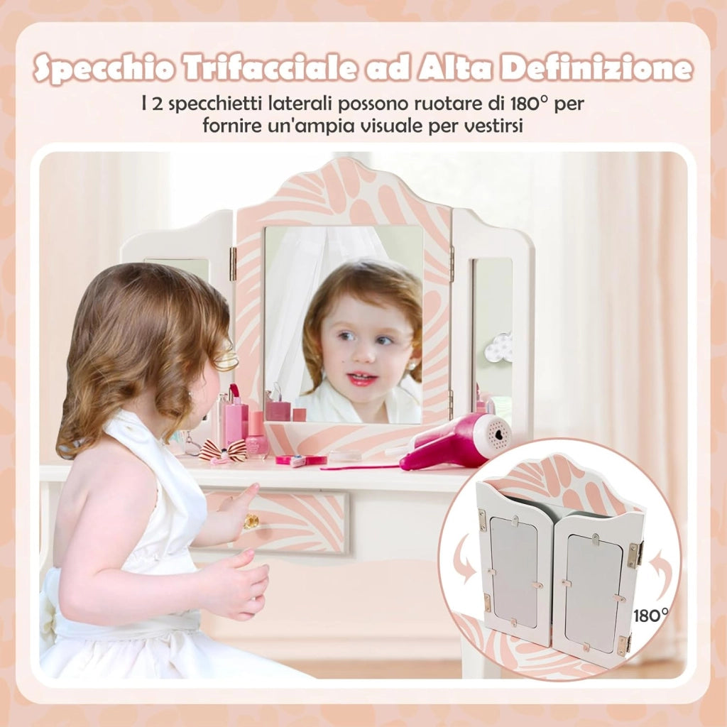 2 in 1 Toeletta Trucco con Sgabello per Bambini, Tavolo da Trucco con Cassetto con 3 Specchi Pieghevole, Specchio Rimovibile, 3 Anni +