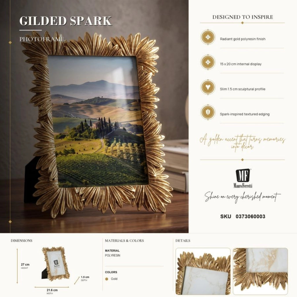 Cornice portafoto elegante con decoro a foglie in poliresina oro
