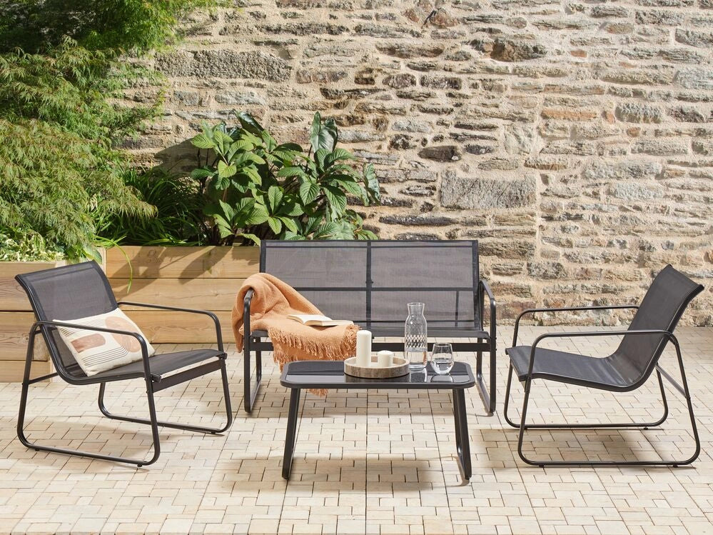 Set di divani da giardino in metallo nero 4 posti con tavolo stile moderno