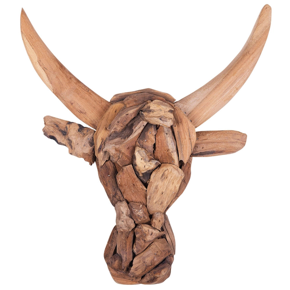 Decorativo da parete testa di toro con corna legno chiaro legno teak 34 x 28 cm rustico