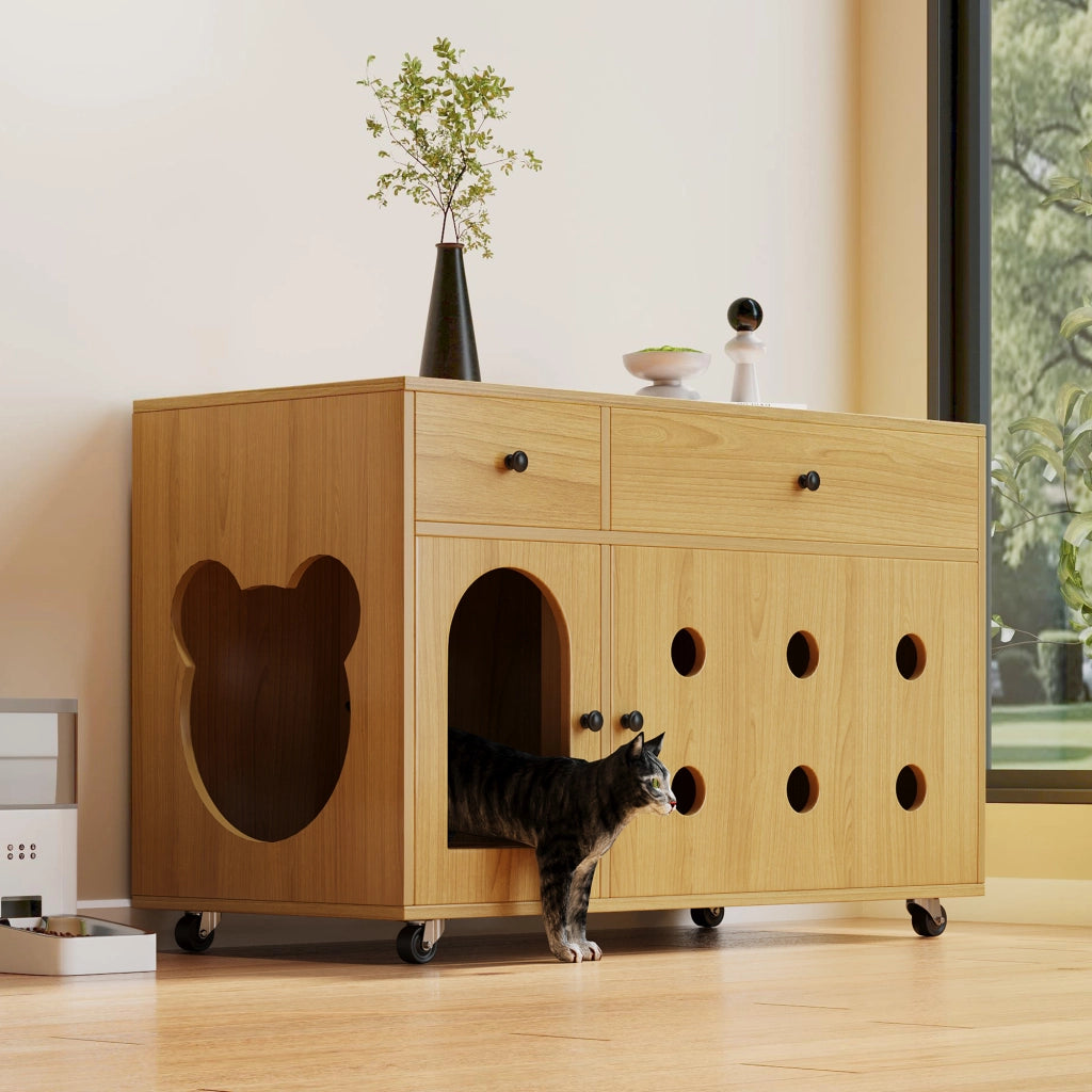 Mobile coperto per lettiera per gatti con 2 cassetti e ripiano superiore, per soggiorno, in MDF, naturale, 100 × 45 × 66 cm