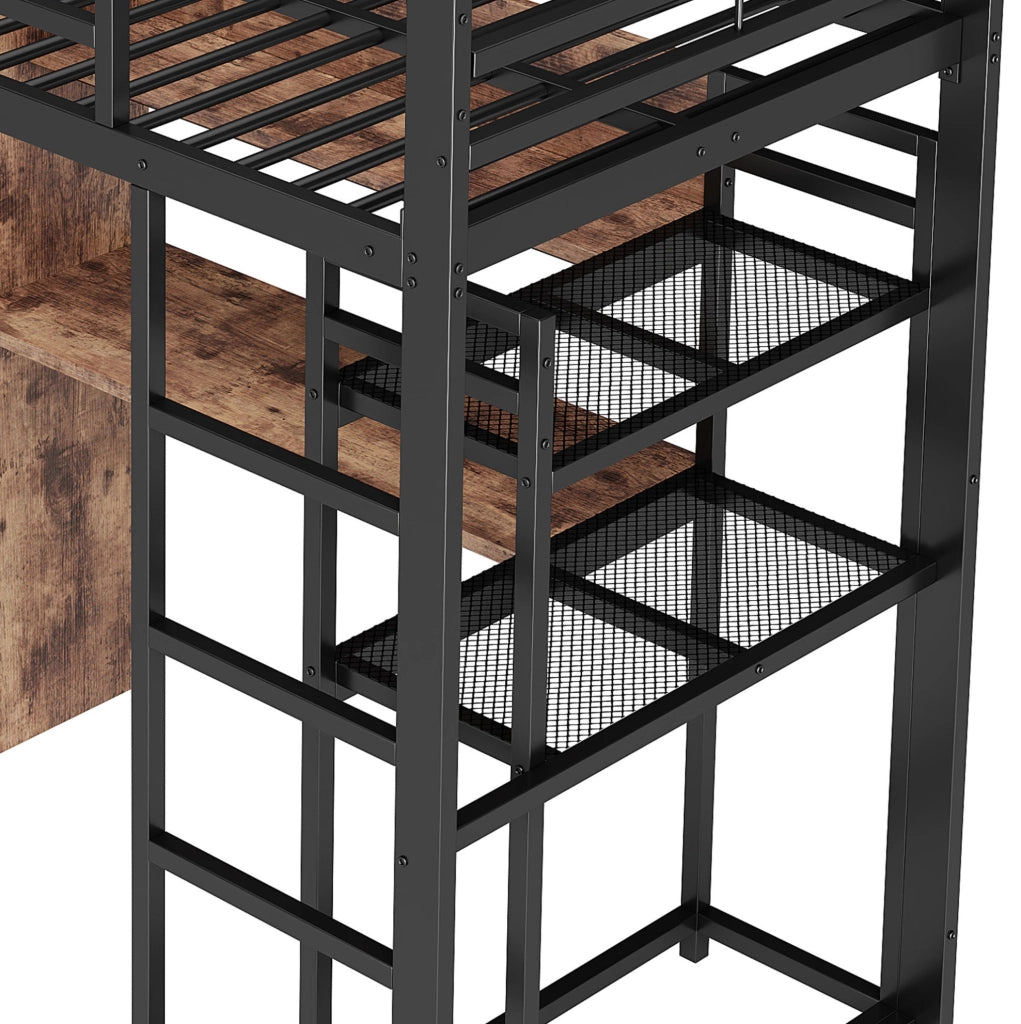 Letto a soppalco 90x200 cm in metallo e MDF; nero; con LED; scrivania; cassetto e ripiani