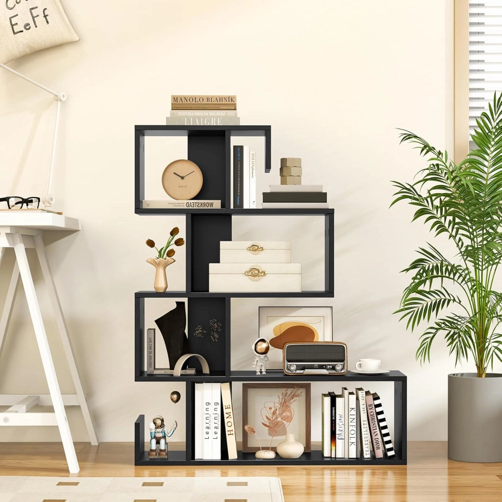 Libreria Geometrica a 5 Piani, Forma S con Cubi Aperti e Scaffali Decorativi Anti-Ribaltamento, per Camera da Letto e Soggiorno