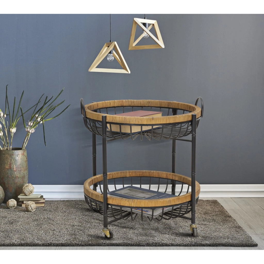 Carrello Cebu a doppio cestino in ferro e rattan con ruote — 57x55,5x62,5 cm