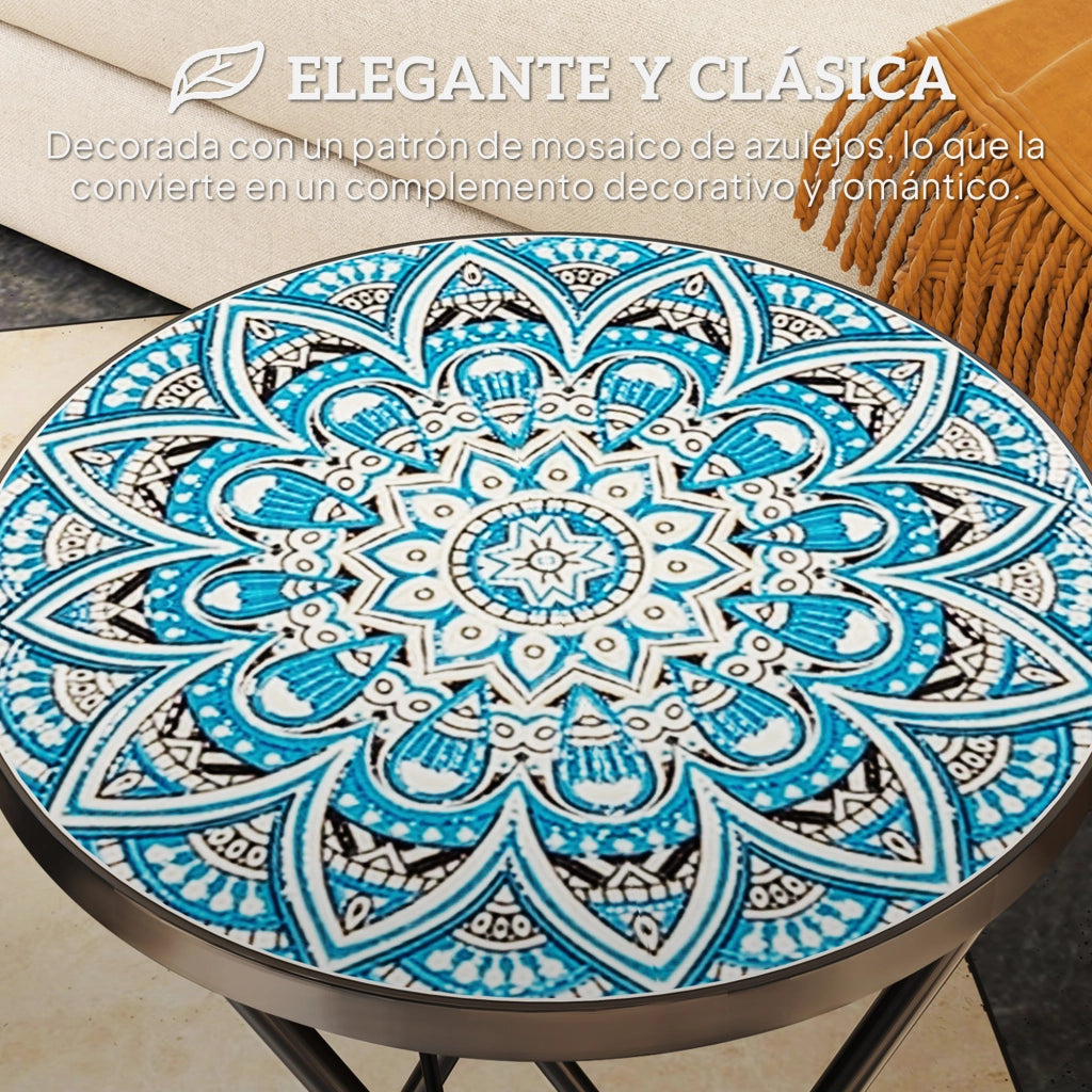 Tavolino da giardino rotondo pieghevole con piano a mosaico ¨C zephmum ¨C ?35,5x55 cm blu