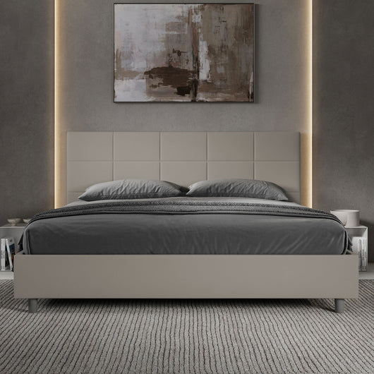 Letto Matrimoniale King Size 200x210 cm con Rete e Contenitore Imbottito in Similpelle Mika Tortora