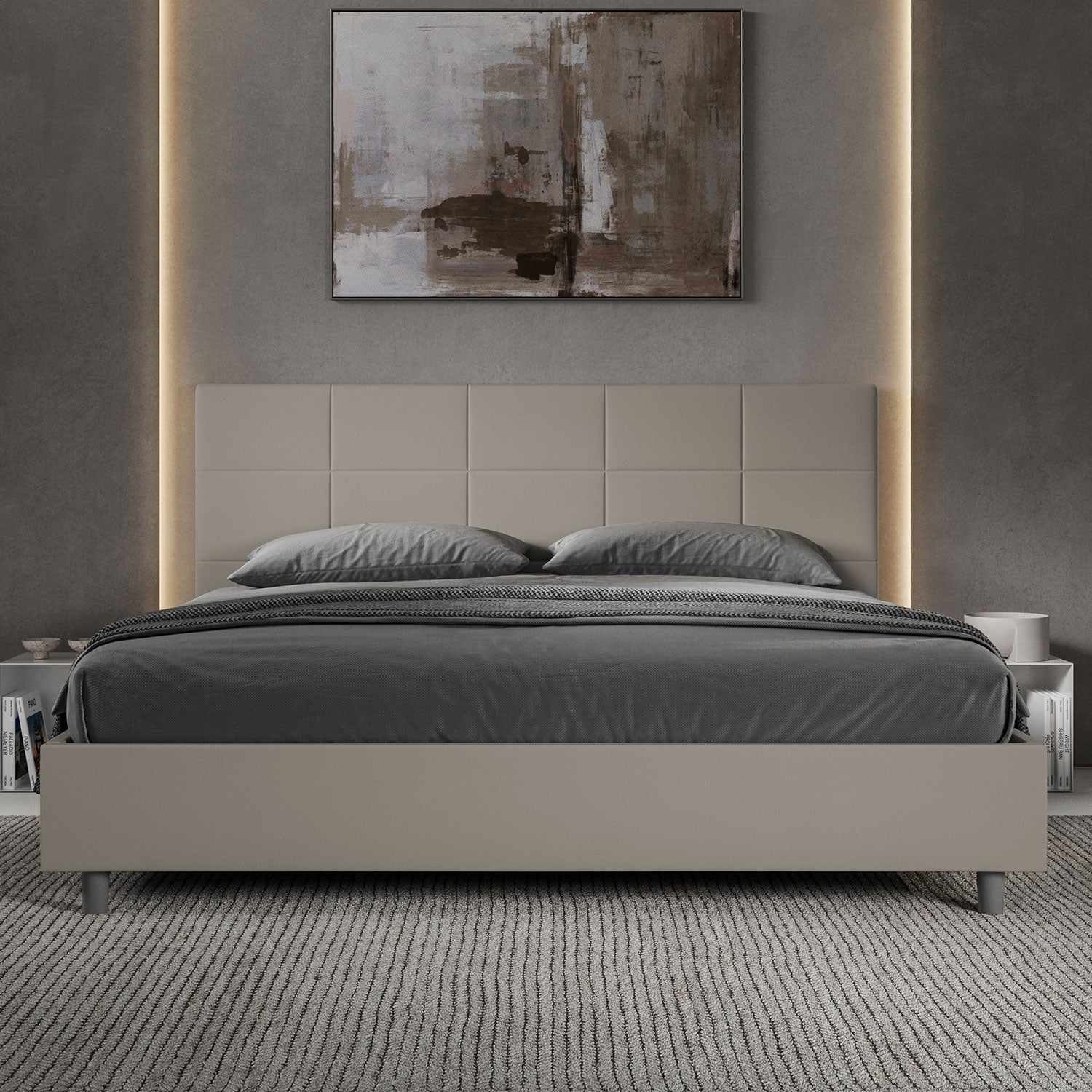 Letto Matrimoniale King Size 180x210 cm Senza Rete Imbottito in Similpelle Mika Tortora
