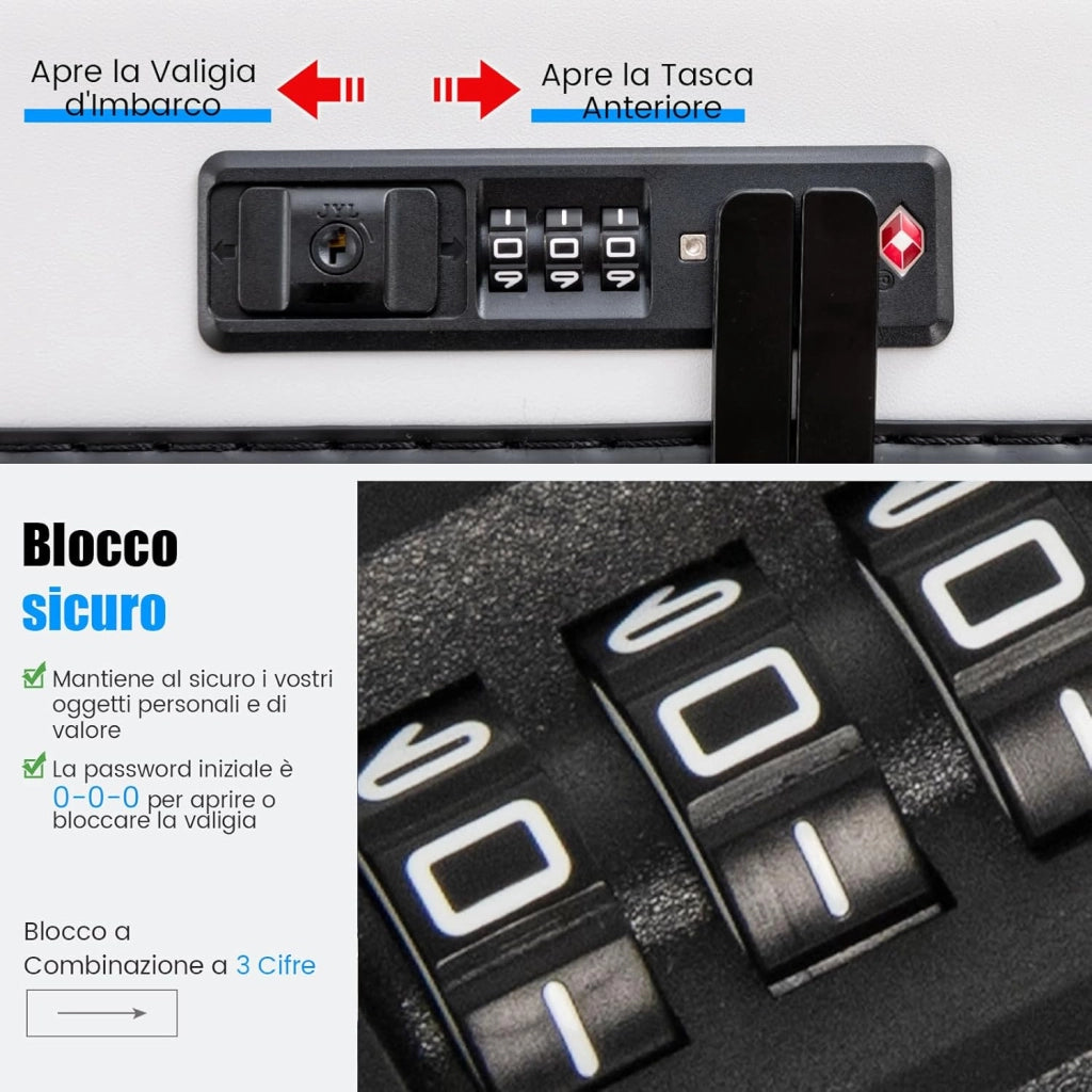 Valigia Bagaglio da 20" con Tasca Frontale, Porta USB, Tavolino Pieghevole, Valigia con Serratura, Ruote Girevoli, Manico Regolabile, Trolley Valigia Rigida Bagaglio da Viaggio (Bianco)