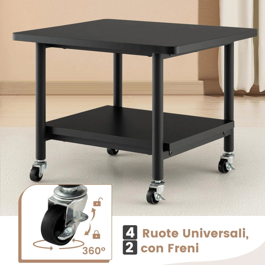 Supporto per Stampante, Carrello Stampante con Ruote Girevoli a 360⁰, Design Rimovibile, Superficie Ampia e Liscia, di Legno e Acciaio, 49 x 40 x 37 cm (Nero)