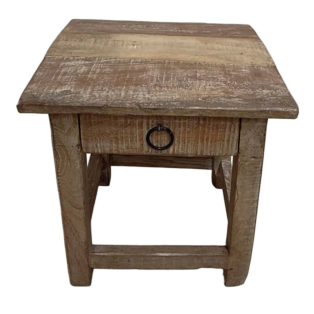 Sgabello con cassetto in legno con finitura artigianale marrone 25x25x29 h cm