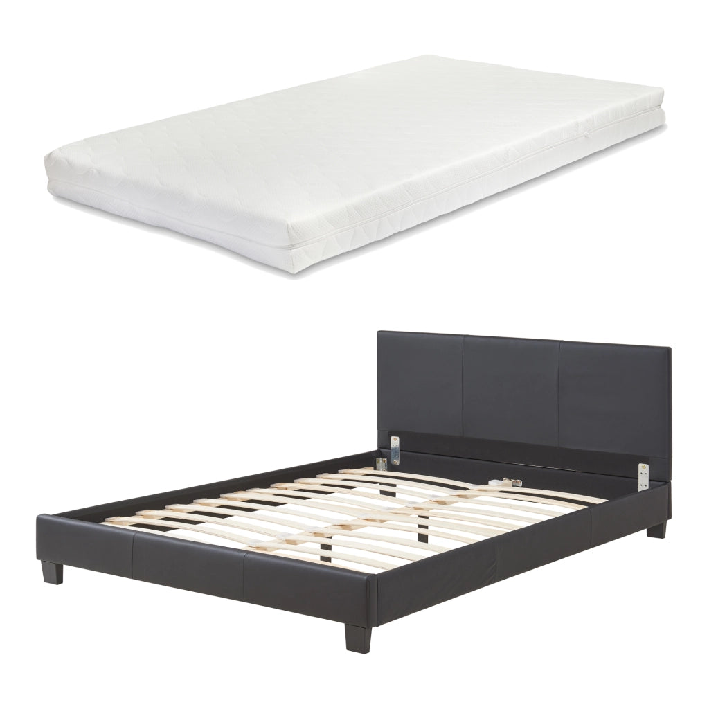 Letto Francese Albacete con Testiera Alta e Materasso 140x200 cm Similpelle Nero Corium