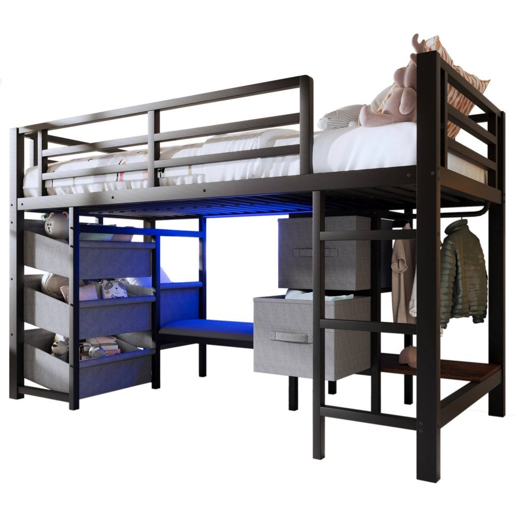 OKWISH Letto a soppalco 90×200 cm, Letto Singolo con LED Multicolore, Cuscino Seduta e Contenitore, senza Materasso, in Metallo, Nero