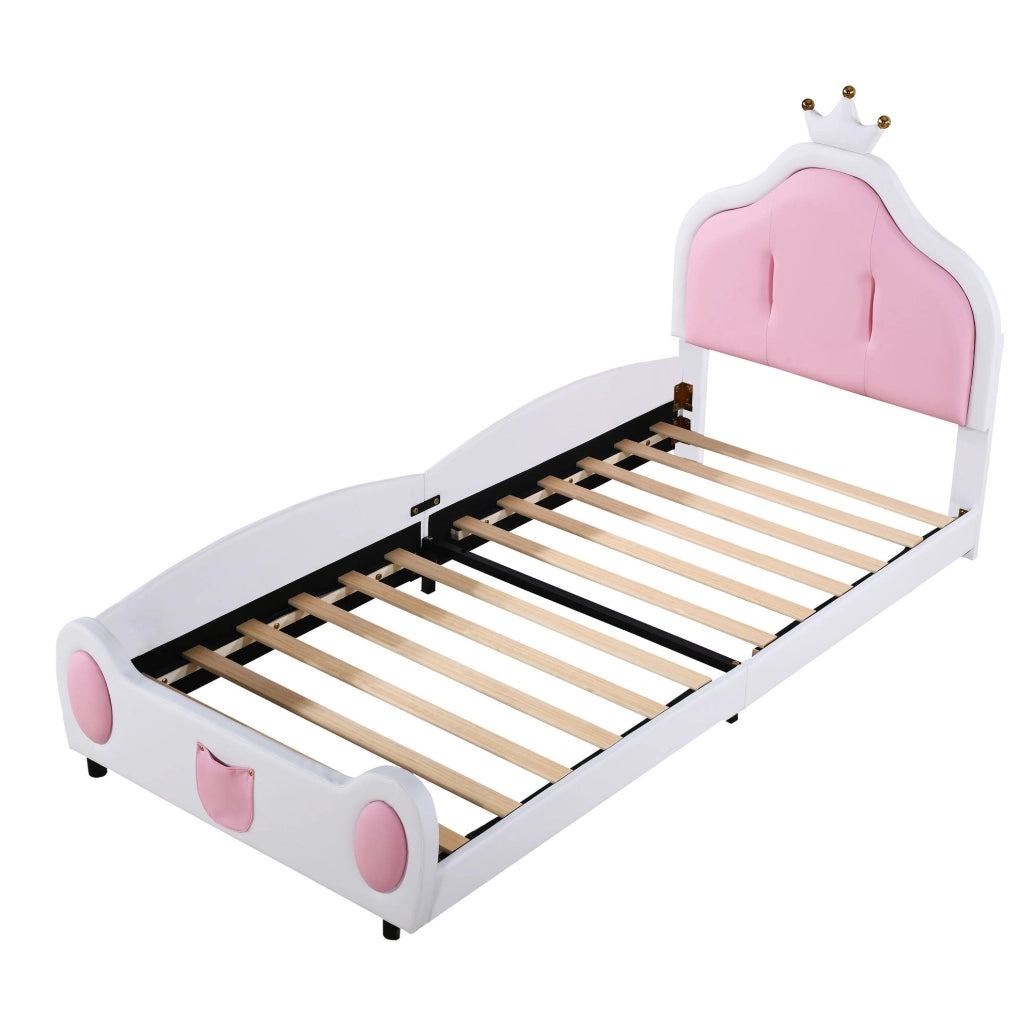 Letto per bambini imbottito 90x200 cm con testiera a corona; bianco e rosa in similpelle