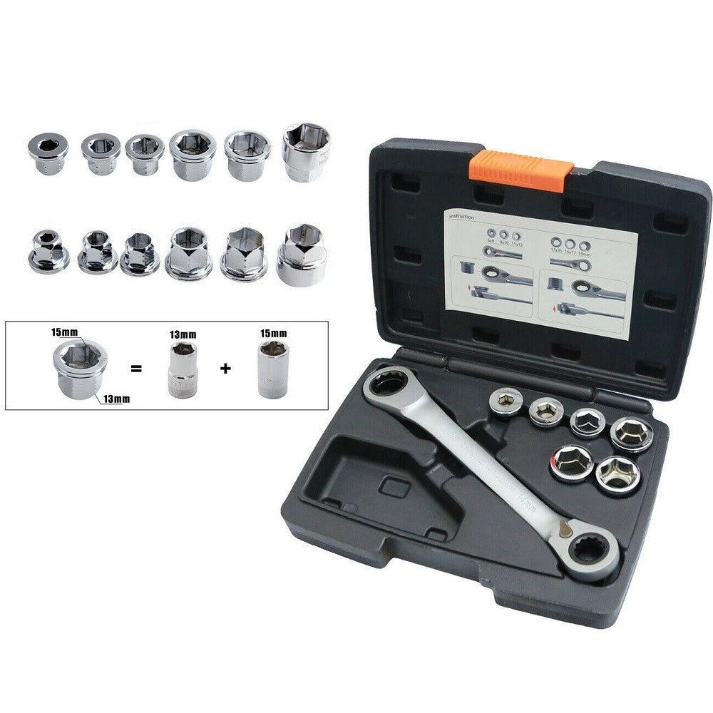 Trade Shop - Set 7 Chiave A Cricchetto Reversibile Esagonali 14-19mm 5 Innesti 6-19mm -