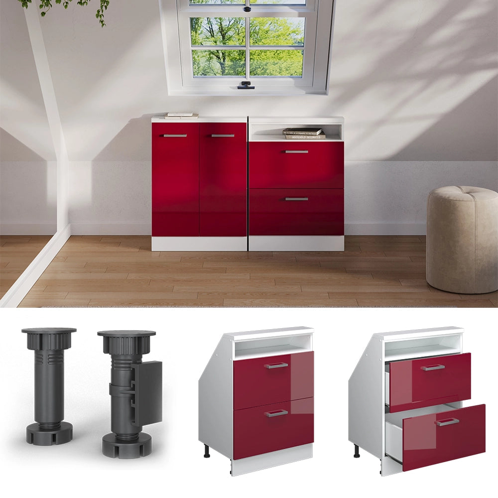 Mobile cucina sottotetto R-Line Rosso lucido/Bianco 60 cm con 2 cassetti Vicco
