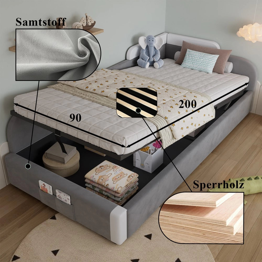 Letto imbottito singolo contenitore ¨C Minimal ¨C Grigio velluto multistrato 90x200cm