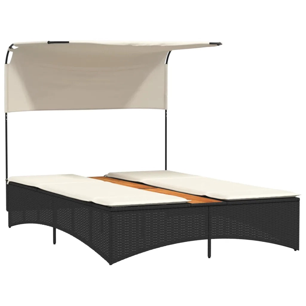 Lettino Prendisole Doppio Baldacchino e Cuscini Nero Polyrattan 365621