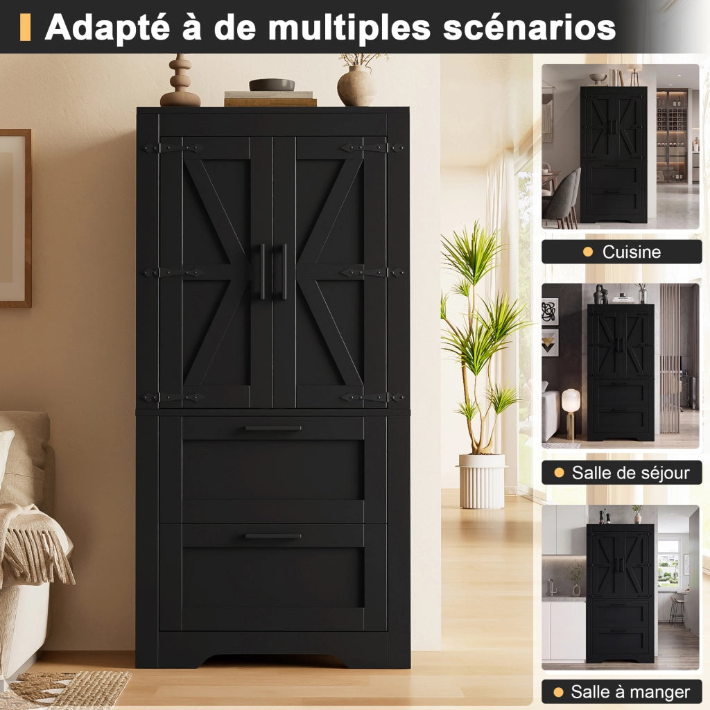 Dispensa alta con 2 cassetti e ripiani regolabili stile porta da fienile in MDF nero per cucina 60 × 30 × 128 cm