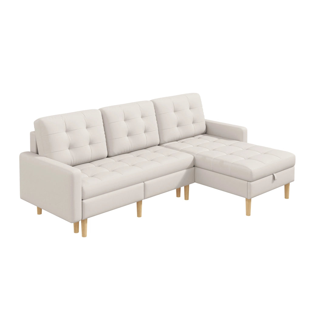 Divano angolare a L 212¡Á130¡Á86 cm con chaise longue reversibile e doppio spazio contenitore, rivestimento in tessuto beige
