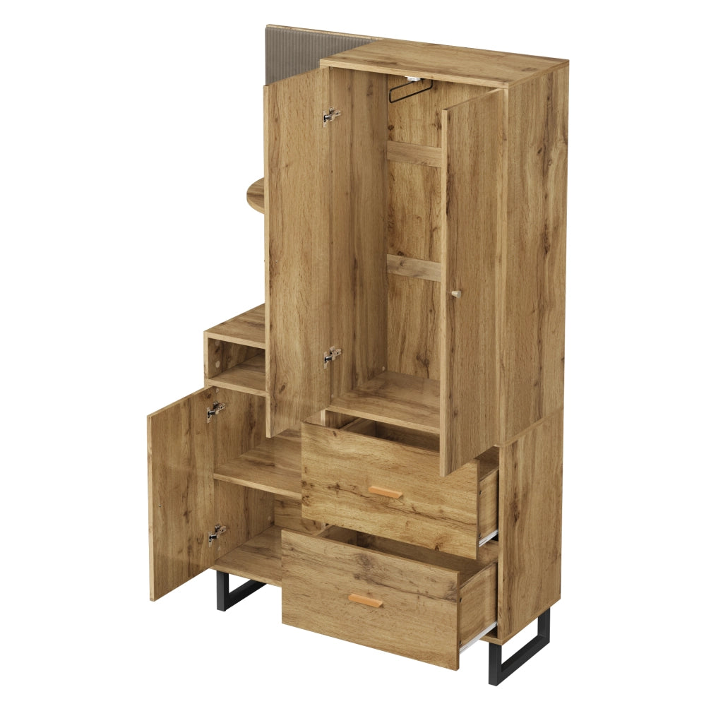 Mobile d'Ingresso con 1 Anta; 2 Cassetti; Barra Estraibile e Nicchie; Pannelli in Tessuto; Moderno; in MDF; Nero e Naturale; 110??38??186 cm