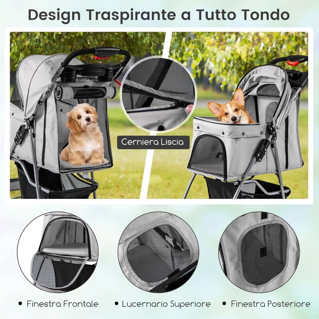 Passeggino per Cani, Carrozzina per Cani Pieghevole Fino a 15 kg, 4 Ruote con Finestra a Rete Porta Bicchiere e Cesto, Passeggino Portatile per Animali Piccola e Media (Grigio)