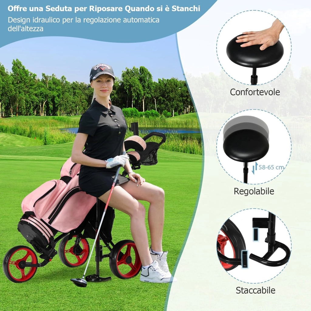 Carrello da Golf Pieghevole con 3 Ruote, Trolley da Golf Altezza Regolabile di Alluminio con Sedile, Porta Ombrello e Porta Bevande