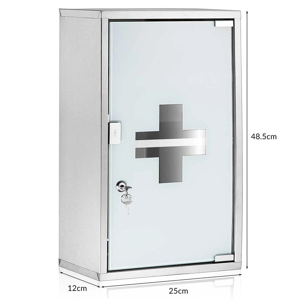 Armadietto Porta Medicinali Acciaio Inox e Vetro Satinato 49x25x12 cm con Chiave