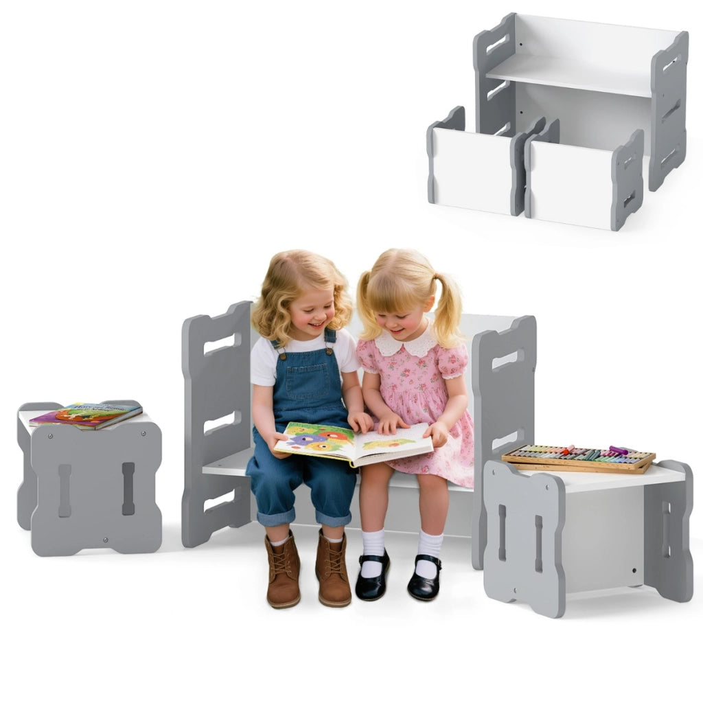Set 3 pezzi per bambini con 2 sgabelli e tavolo attivit¨¤, Set tavolo e sedia per bambini per casa e asilo Bianco e grigio