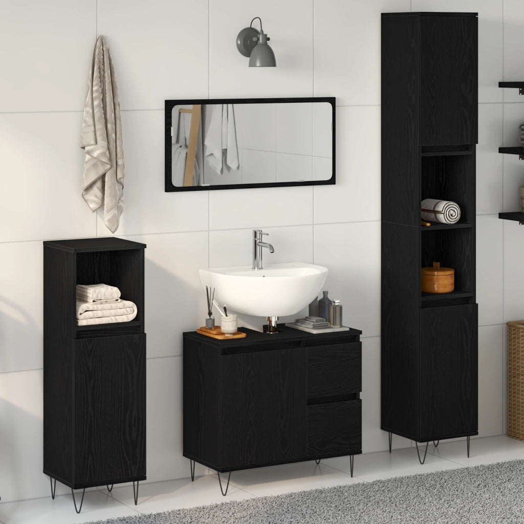 Set di Mobili da Bagno in 3 Pezzi Rovere Nero Legno Ingegnerizzato