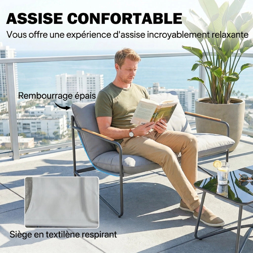 Set Salotto Giardino 4 Pezzi con Divano 2 Posti, 2 Poltrone e Tavolino Vetro Temperato ¨C Zephmum ¨C Grigio Chiaro