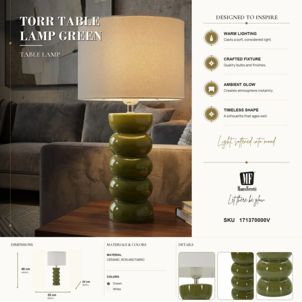 Lampada da tavolo TORR in ceramica verde oliva e tessuto