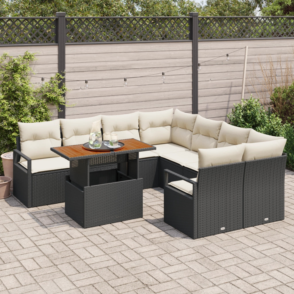 Set Divani da Giardino 9 Pezzi con Cuscini Nero Polyrattan Acacia