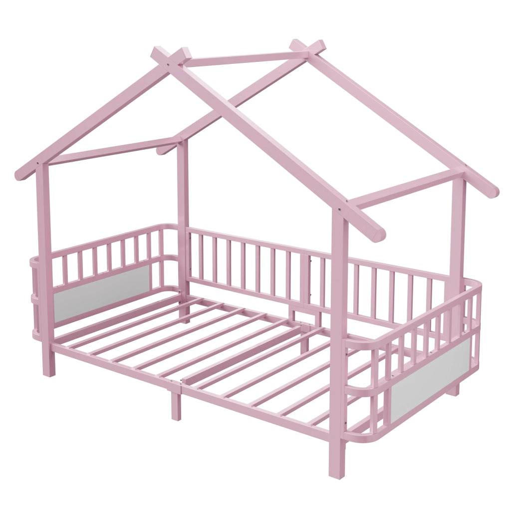 Letto per bambini 90 × 200 cm con barriera di sicurezza e tetto, senza materasso, in metallo, rosa