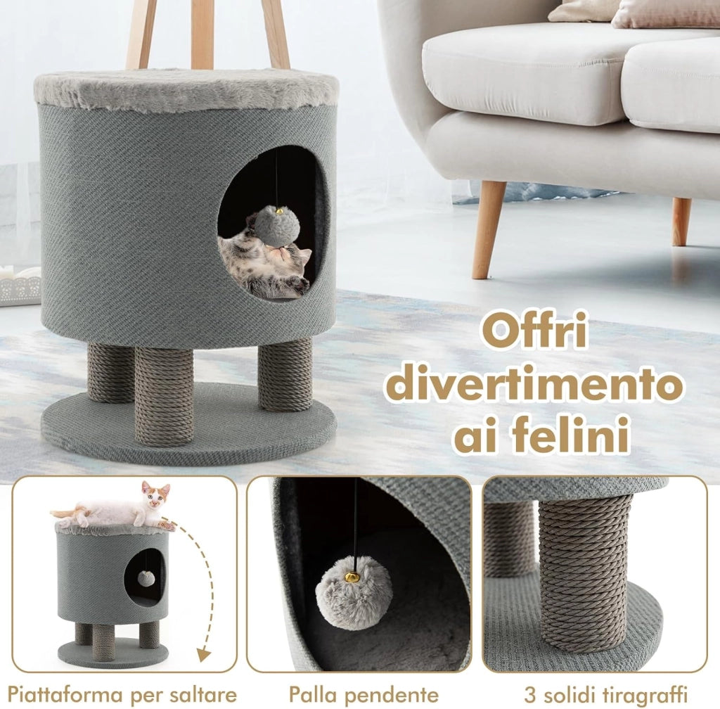 Casetta per Animali Domestici, Cuccia per Gatti con Pali Tiragraffi e Pallina di Peluche, Mobile Multiuso 3-IN-1 per Gatti Piccoli e Medi (Grigio)