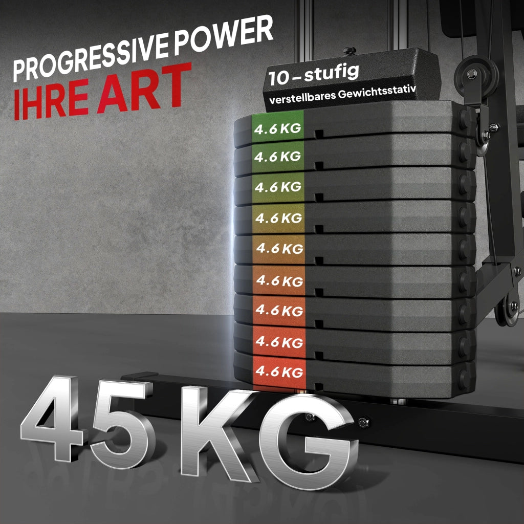 Stazione fitness multifunzione ¨C Xylo ¨C con lat machine, cavi, panca pettorali, butterfly, leg press, 45kg